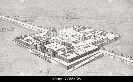 Palace of Sargon II of Assyria at Dur-Sharrukin, Khorsabad, Iraq, reconstructed by Charles Chipiez Stock Photo