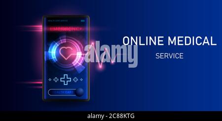 Concept online medical service application on smartphone vector illustration with copy space for text and message on the right side. Stock Vector