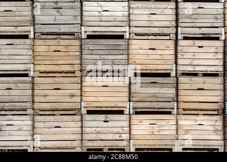 Wooden fruit boxes stacked on top of each other. Fruit containers prepared before harvest. Stock Photo