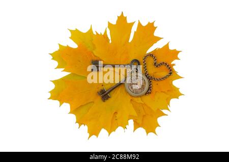 Keys and the mechanism of pocket watch on a background of yellow leaves. Isolate Stock Photo