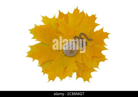 Mechanism of pocket watch on a background of yellow leaves. Isolate Stock Photo