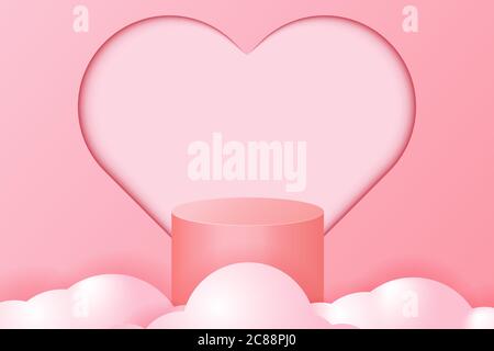 3d empty cylinder podium on cloud with pastel pink heart background. Stock Vector