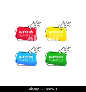 Interns wanted. Badge with megaphone icon set in flat style. Vector on isolated white background. EPS 10. Stock Vector