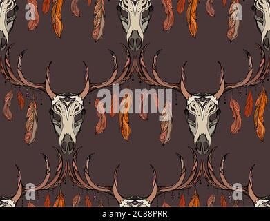 Seamless texture deer skull with horns, feathers and boho pattern. Vector background for your creativity Stock Vector