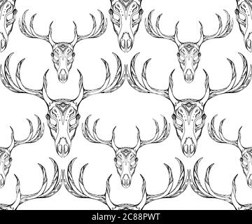 Seamless texture deer skull with horns and boho pattern. Vector background for your creativity Stock Vector
