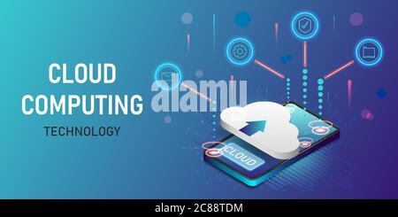 Concept cloud computing technology on smartphone. Isometric design vector illustration. Stock Vector