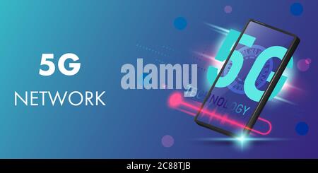 Concept 5g network technology on smartphone vector illustration with copy space for text and message on the left side. Stock Vector