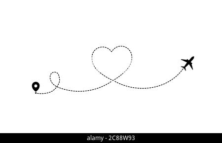 Airplane flight in heart shape icon. Romantic journey. Valentine day. Vector on isolated white background. EPS 10. Stock Vector
