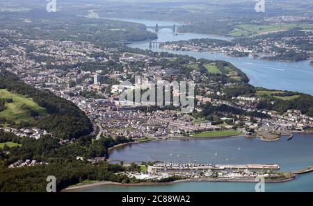 aerial view of Bangor and the Menai Straits & Menai Bridges in North Wales Stock Photo