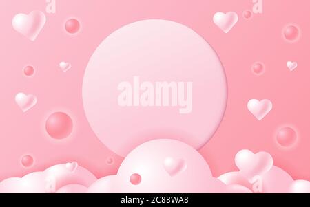 Valentine's day pink background with glowing sphere, cloud, floating heart and copy space for text and message. Stock Vector