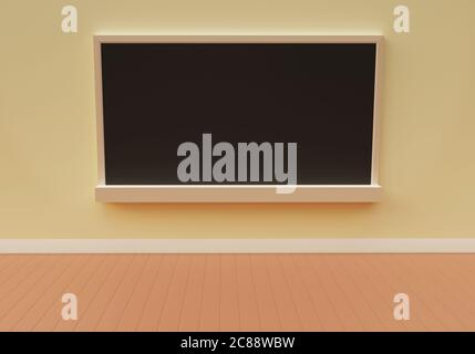 Empty black chalkboard hang on the yellow wall, empty school room, back to school, Image for copy space, bill board wood frame for add text. 3d illust Stock Photo