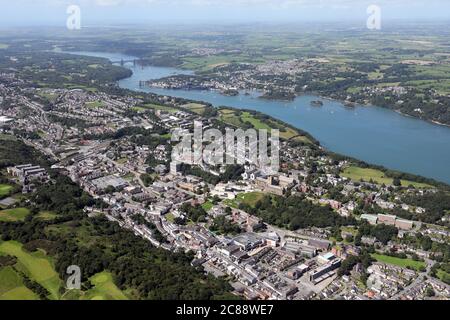 aerial view of Bangor and the Menai Straits & Menai Bridges in North Wales Stock Photo