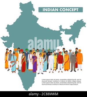 Family and social concept. Group indian young people standing together in different traditional national clothes on background with map of India in Stock Vector