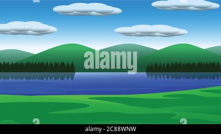 Vector illustration of a natural landscape, a beautiful lake, with forests, mountains in the distance, bright skies with white clouds. Stock Vector