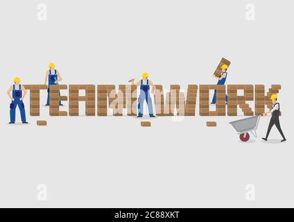 Group of construction workers building brick wall to form Teamwork text isolated on plain background. Stock Vector