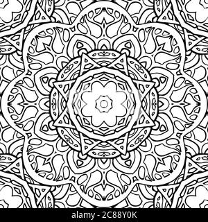 Seamless black and white texture stained glass. Template for coloring book. Doodle circular pattern Stock Vector