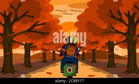 Lovers riding motorcycles. Thay travel together on a small, beautiful road surrounded by nature. On both sides there are trees with orange leaves. Stock Vector