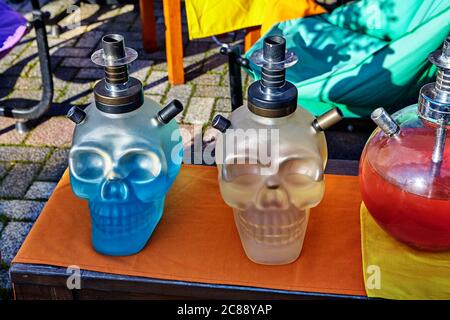 Hookahs in the form of glass skulls on the counter of a street vendor. Buyukada Island, one of the Prince's Islands near Istanbul, Turkey. Stock Photo