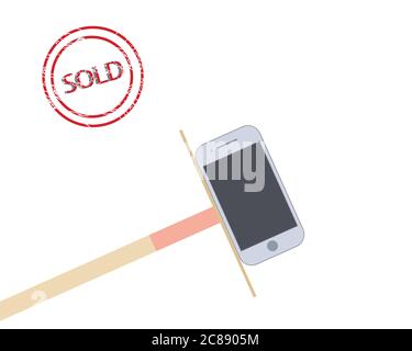 Sold. Illustration of a sold smartphone. Transfer of goods with a stick like in a casino. Stock Vector