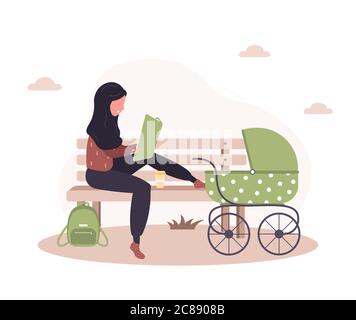 Young arab woman walking with her newborn child in an green pram. Girl sitting with a stroller and a baby in park in the open air. Vector Stock Vector