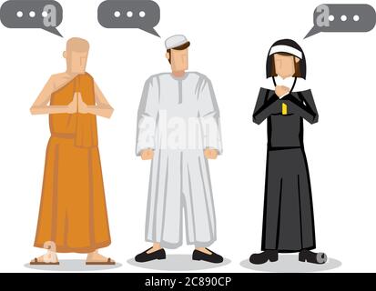 People of different religions. Islam Muslim, Buddhism monk and a christianity nun. Friendship and peace conversation between religion characters. Flat Stock Vector