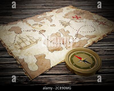 Treasure map and vintage compass standing on old wood table. 3D illustration. Stock Photo