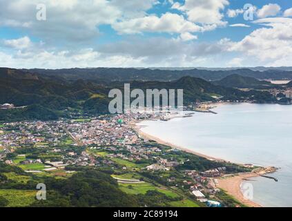 chiba, japan - july 18 2020: Panoramic high angle view from the ropeway of Mount Nokogiri of Kyonan city coast beaches in the Awa district of Tokyo ba Stock Photo