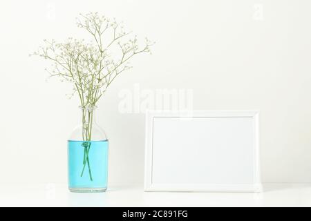 empty picture frame and gypsum flower in vase on book shelf Stock Photo