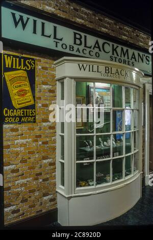 A replica period shopfront. Will Blackmans tobacco stores display, Peterborough Museum, Cambridgeshire, England, UK. Circa 1990s Stock Photo