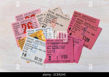 A collection of concert ticket stubs from the 1980s for Genesis, Simple Minds, Kid Creole and the Coconuts, Phil Collins, ABC, The Everly Brothers and Stock Photo