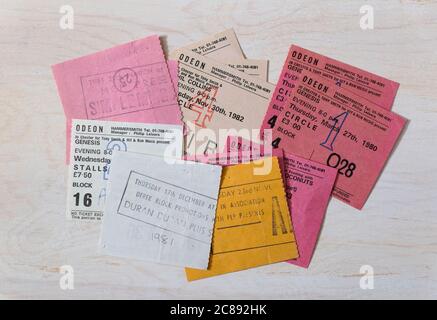 A collection of concert ticket stubs from the 1980s for Genesis, Simple Minds, Kid Creole and the Coconuts, Phil Collins, ABC, The Everly Brothers and Stock Photo