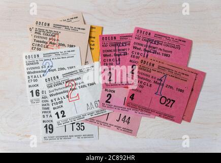 A collection of concert ticket stubs from the 1980s for Genesis, Simple Minds, Kid Creole and the Coconuts, Phil Collins, ABC, The Everly Brothers and Stock Photo