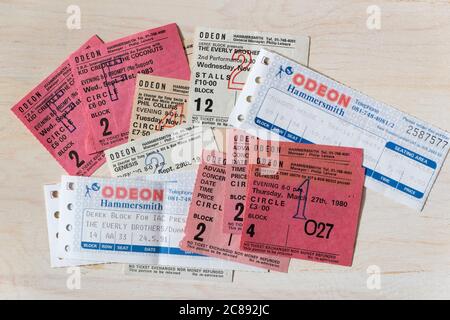 A collection of concert ticket stubs from the 1980s and 1990s for Genesis, Simple Minds, Kid Creole and the Coconuts, Phil Collins, The Everly Brother Stock Photo