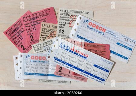 A collection of concert ticket stubs from the 1980s and 1990s for Genesis, Simple Minds, Kid Creole and the Coconuts, Phil Collins, The Everly Brother Stock Photo