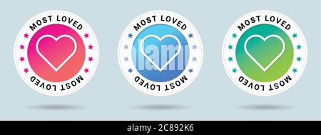 Most Loved stamp vector illustration. Vector certificate icon. Set of 3 beautiful color gradients. Vector combination for certificate in flat style. Stock Vector