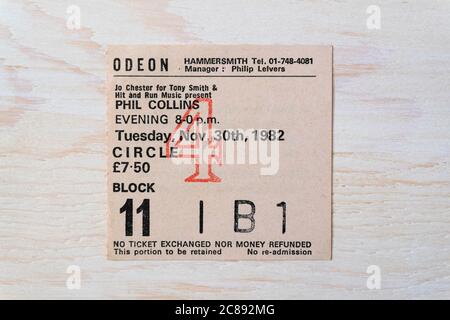 Concert ticket stub B1 in the circle in 1982 for Phil Collins at the Hammersmith Odeon, London, UK Stock Photo