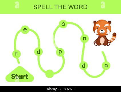 Maze for kids. Spelling word game template. Learn to read word red panda, printable worksheet. Activity page for study English. Stock Vector