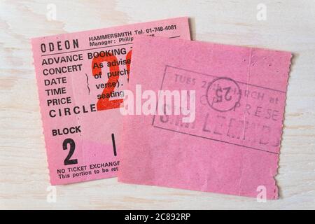 Concert ticket stubs for Simple Minds in the 1980s at the Hammersmith Odeon, London, UK Stock Photo