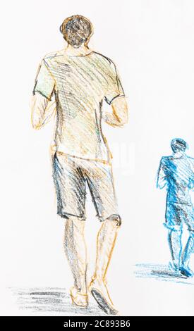 sketch of guy from the back in T-shirt and shorts hand-drawn by color pencils on white paper Stock Photo