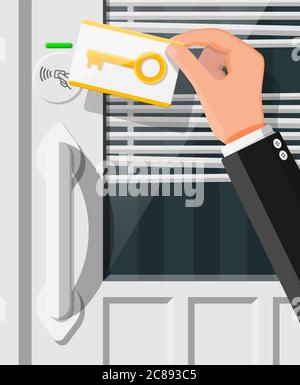 Wireless key card in human hand with guest room door handle sensor. Concept of access identification. Access control machine. Proximity card reader. Vector illustration in flat style Stock Vector