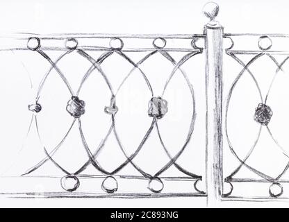 sketch of pattern of iron fence hand-drawn by black pencil on white paper Stock Photo