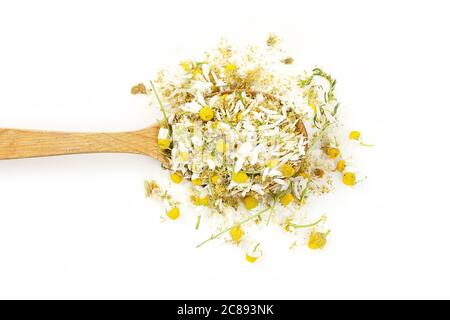 ladle of dry chamomile flowers isolated on white Stock Photo