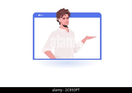 man having virtual conference during video call remote work quarantine isolation concept businessman in web browser window portrait vector illustration Stock Vector