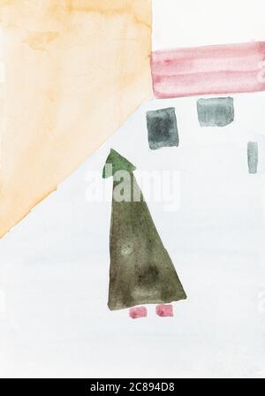 abstract art - girl in green coat and hat on street on winter day hand painted by watercolour paints on white textured paper Stock Photo