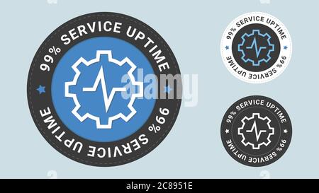 99% Service Uptime insignia stamp. Vector certificate icon. Set of 3 beautiful color gradients. Vector combination for certificate in flat style. Stock Vector