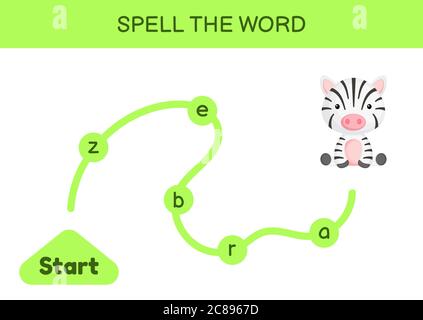 Maze for kids. Spelling word game template. Learn to read word zebra, printable worksheet. Activity page for study English. Stock Vector