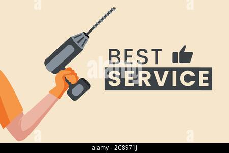 Best service flat banner design template with text space. Hand holding drill or screwdriver isolated in yellow background. Technical Service, home repair, and renovation poster concept. Stock Vector
