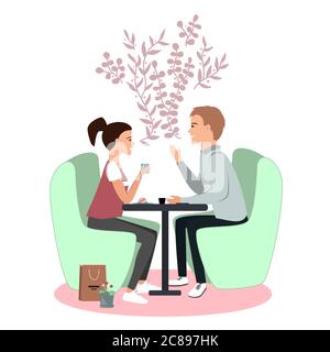 Cute couple seating in cafe. Communication and rapport vector illustration concept. Happy Valentines Day card. Woman and man talking and smiling to Stock Vector