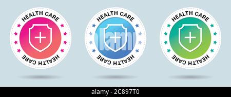 Health care insignia stamp. Vector certificate icon. Set of 3 beautiful color gradients. Vector combination for certificate in flat style. Stock Vector