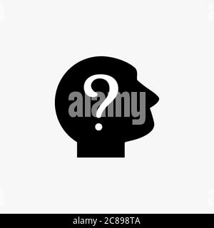 black silhouette of man's head with white question mark. User avatar pictogram. Unknown person icon. Isolated on white. Vector illustration. Black and Stock Vector